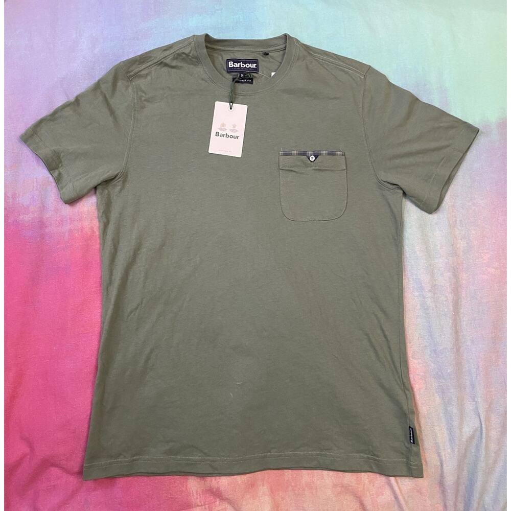 NWT Barbour Tayside Tee T-Shirt Agave Green Plaid Pocket Trim Tailored Fit Sz M